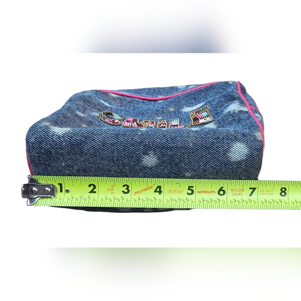 NEW My Doris - Small Denim 'Smile' Hand Beaded Embellished Women's Cosmetic Bag - Picture 9 of 10